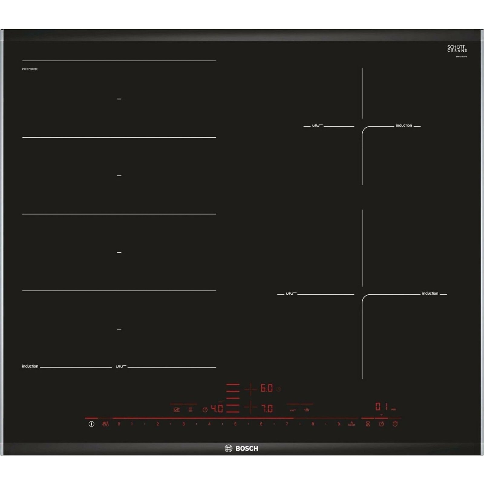 PIANO COTTURA A INDUZIONE BOSCH PXE675DC1E, 4 zone cottura, 606 mm x 527 mm
